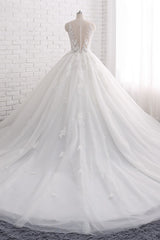 Elegant Long Ball Gown Tulle Court Train Wedding Dress with Appliques Lace