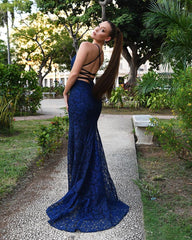 Dark Navy Long Mermaid Spaghetti Straps Backless Lace Prom Dresses
