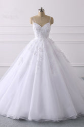 Glamorous Long Ball Gown Spaghetti Straps V-Neck Tulle Wedding Dress with Appliques Lace
