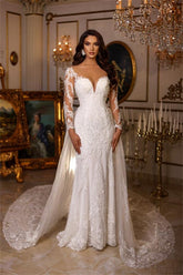 Charming Long Mermaid Sweetheart Tulle Lace Wedding Dress with Sleeves