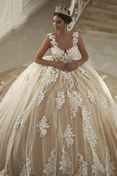 Elegant Ball Gown Off The Shoulder V Neck Tulle Appliques Lace Long Wedding Dress