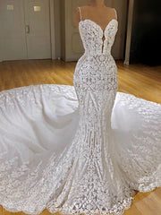 Elegant Long Spaghetti Straps Appliques Lace Mermaid Wedding Dresses