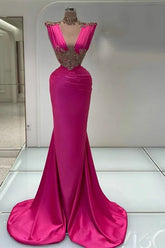 Long V-Neck Mermaid Sleeveless Satin Appliques Lace Prom Dress