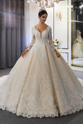 Classy Ball Gown Sweetheart Backless Long Sleeve Appliques Lace Sequins Wedding Dress