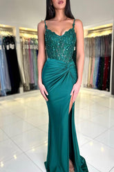 Long Mermaid Sweetheart Satin Lace Prom Dresses with Slit