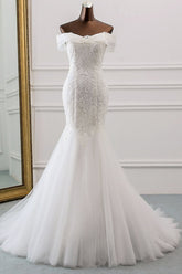 Long Off Shoulder Appliques Lace Tulle Mermaid Wedding Dress