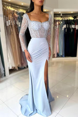 Long Sleeve Square Neck Mermaid Satin Floor Length Prom Dress with Beads