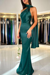 Dark Green Long Mermaid High Neck Backless Formal Prom Dress