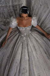 Gorgeous Long Ball Gown Square Neck Sequined Wedding Dresses with Short Sleeves