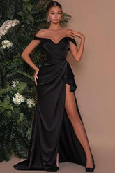 Simple Black Long Mermaid Off the Shoulder Prom Dress with Slit