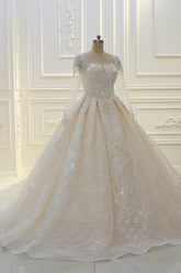 Long Sleeve Beading Bateau Appliques Lace Ball Gown Wedding Dress