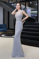 Sexy Mermaid V-neck Tulle Sleeveless Silver Long Formal Evening Dress