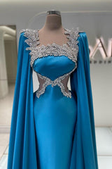 Elegant Long Mermaid Beads Satin Cape Formal Evening Dresses