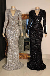 Mermaid Long Sleeves Sequins V-neck Prom Dresses with Sleeves