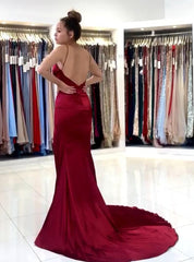 Burgundy Long V-neck Spaghetti Straps Backless Mermaid Prom Dress With Split
