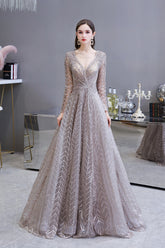Long A-line V-neck Tulle Appliques Lace Formal Evening Dresses with Sleeves