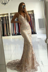 Long Sweetheart Spaghetti Straps Appliques Lace Floor Length Mermaid Prom Dress