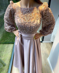 Elegant A-line Front Slit Satin Formal Party Dress with Sleeves