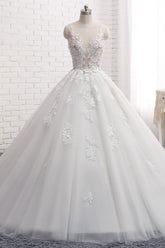 Elegant Long Ball Gown Tulle Court Train Wedding Dress with Appliques Lace