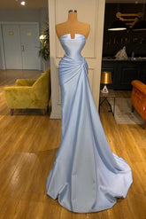 Elegant Long Mermaid Strapless Satin Formal Prom Dresses