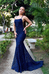 Dark Navy Long Mermaid Spaghetti Straps Backless Lace Prom Dresses