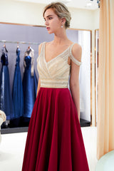 Long V-neck Satin A-line Beaded Formal Evening Dress