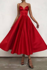 Short A-line V-neck Satin Spaghetti Straps Tea-length Prom Dress