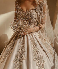 Gorgeous Sweetheart Long Sleeve Beading Satin Ball Gown Wedding Dress
