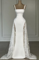 Spaghetti Straps Mermaid Satin Lace Long White Prom Dress