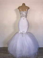 Long Spaghetti Straps Appliques Lace Mermaid Prom Dress