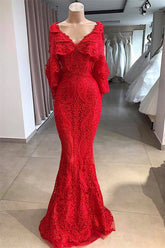Long Mermaid V-neck Beading Lace Formal Evening Dresses with Sleeves