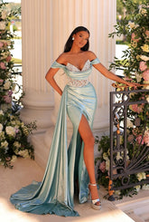 Long V Neck Off The Shoulder Mermaid Split Draped Front Beads Floor Length Prom Dress