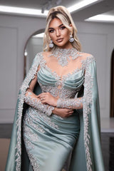 Long Sleeve High Neck Split Side Mermaid Appliques Satin Prom Dress with Cape