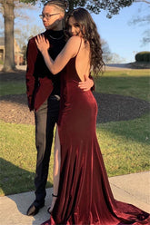 Elegant Long Velvet Spaghetti Straps Split Front Mermaid Prom Dress