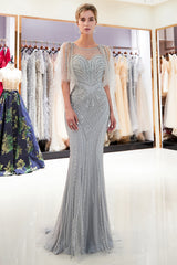 Chic Long Jewel Tulle Mermaid Backless Evening Formal Dresses with Sleeves