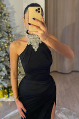 Black Long Mermaid Halter Beaded High Slit Prom Dresses
