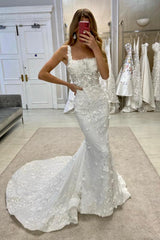 Long Mermaid Square Neck White Lace Wedding Dresses with Detachable Train