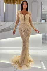 Mermaid Long Sleeves Sweetheart Tulle Prom Dress with Detachable Train
