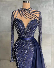 High Neck Long Sleeve Beded Floor Length Tulle Mermaid Formal Dress