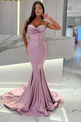 Long Mermaid Sweetheart Satin Beading Prom Dress with Court Train