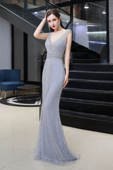 Sexy Mermaid V-neck Tulle Sleeveless Silver Long Formal Evening Dress