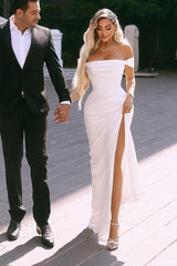 Simple Mermaid Off the Shoulder Sweetheart Satin Long Front Split Wedding Dress