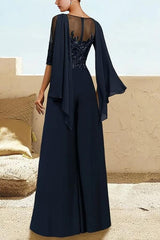 Elegant Dark Blue Lace Chiffon Long Sleeve Jumpsuit Mother Of Bride Dress