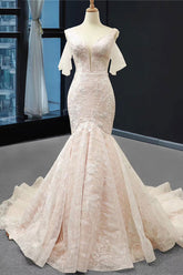 Long V-Neck Short Sleeve Appliques Mermaid Wedding Dress