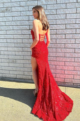 Long Mermaid One Shoulder Lace Formal Prom Dresses with Slit