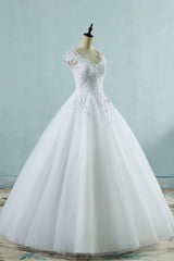 Long Ball Gown Appliques Lace Cap Sleeve Tulle Wedding Dress
