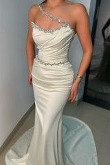 Long Mermaid Satin Beading Asymmetrical Prom Dress with Ruffles
