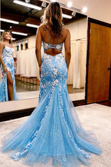 Long Spaghetti Straps Lace Sleeveless Mermaid Prom Dress with Slit