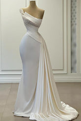 One Shoulder Beaded Mermaid White Satin Long Prom Dress