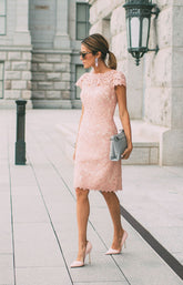 Classic Short Mermaid Lace Formal Evening Dress with Sleeves